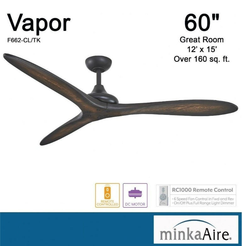 Minka Aire F662-CL/TK Vapor 60-inch ceiling fan in Coal Black, Toned Koa Carved Wood Blades with remote, shown as indoor rated for great rooms over 160 square feet