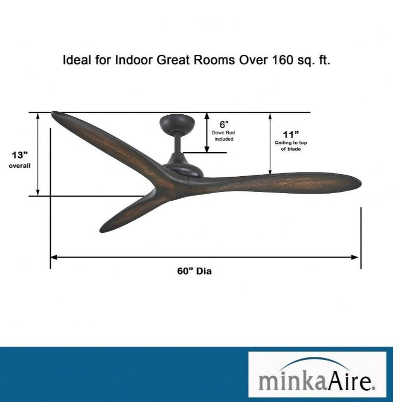 Minka Aire F662-CL/TK Vapor 60-inch indoor outdoor damp-rated ceiling fan in Coal Black showing fan dimensions, 60-inch blade span, 13-inch overall height, 11-inch ceiling-to-blade height, and included 6-inch downrod