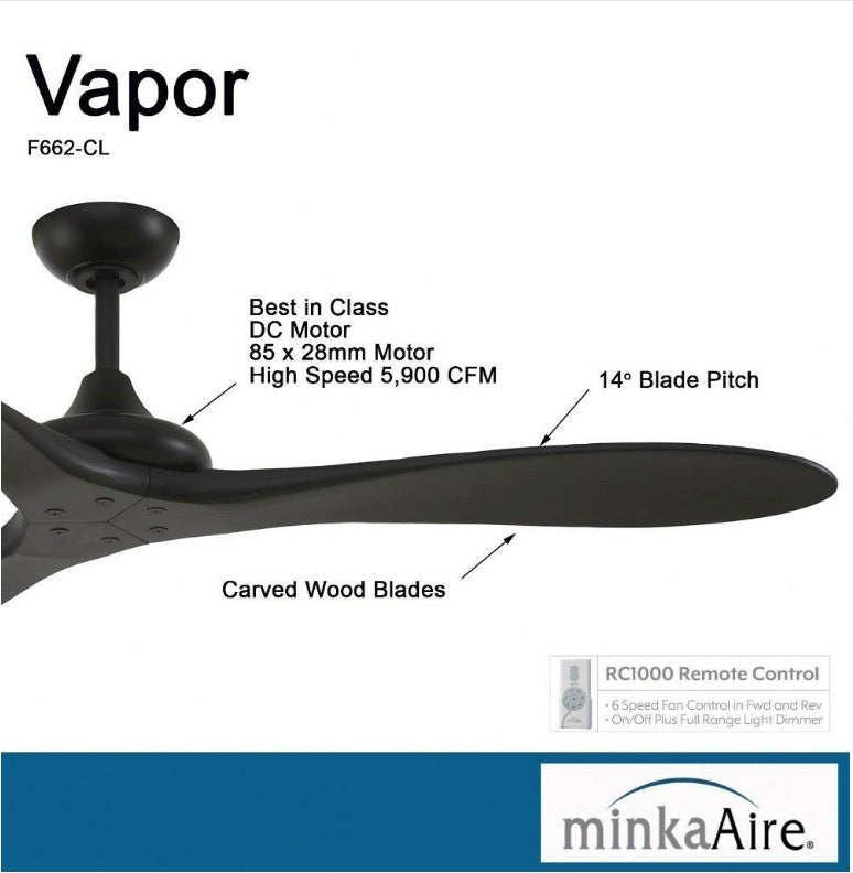 Minka Aire F662-CL Vapor 60-inch ceiling fan in Coal Black showing DC motor specs, high-speed CFM, 14-degree blade pitch, curved wood blades, and RC1000 remote control features