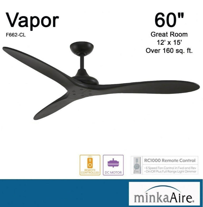 Minka Aire F662-CL Vapor 60-inch ceiling fan in Coal Black with remote, shown as indoor rated for great rooms over 160 square feet