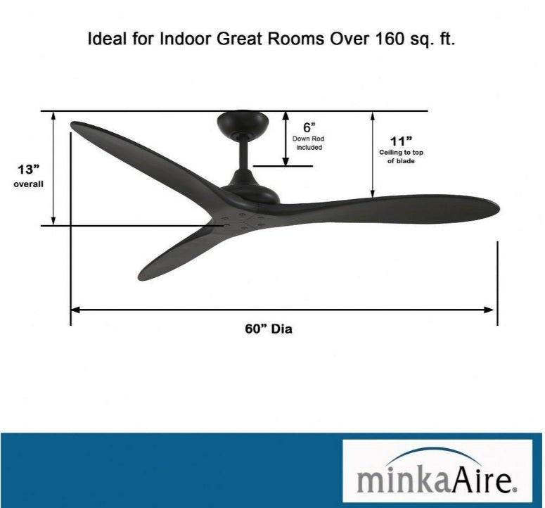 Minka Aire F662-CL Vapor 60-inch indoor outdoor damp-rated ceiling fan in Coal Black showing fan dimensions, 60-inch blade span, 13-inch overall height, 11-inch ceiling-to-blade height, and included 6-inch downrod