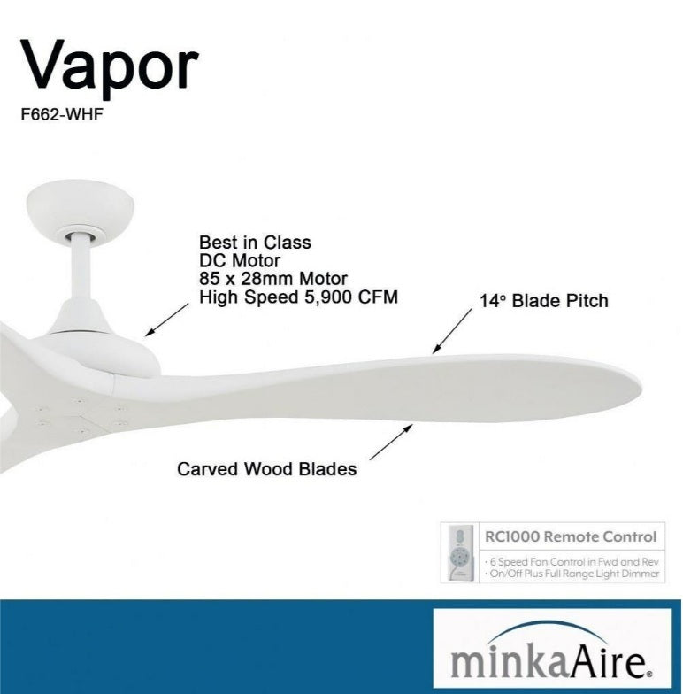Minka Aire F662-WHF Vapor 60-inch ceiling fan in Flat White showing DC motor specs, high-speed CFM, 14-degree blade pitch, curved wood blades, and RC1000 remote control features