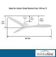 Minka Aire F662-WHF Vapor 60-inch indoor outdoor damp-rated ceiling fan in Flat White showing fan dimensions, 60-inch blade span, 13-inch overall height, 11-inch ceiling-to-blade height, and included 6-inch downrod