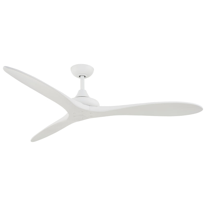 Minka Aire F662-WHF Vapor 60-inch indoor outdoor damp-rated ceiling fan in Flat White with remote, three curved wood blades, and modern sculptural design