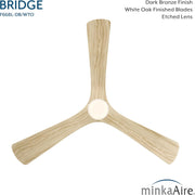 Bottom view of Minka Aire Bridge 60-Inch LED Ceiling Fan in Dark Bronze with White Oak finished blades, integrated etched lens light, and remote - F668L-DB/WTO