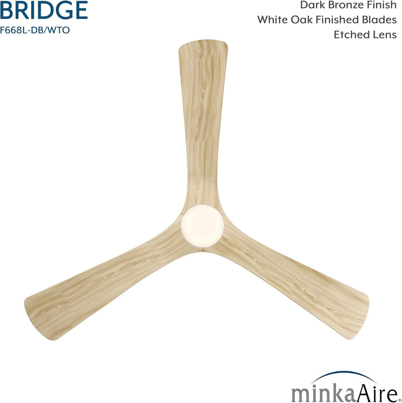 Bottom view of Minka Aire Bridge 60-Inch LED Ceiling Fan in Dark Bronze with White Oak finished blades, integrated etched lens light, and remote - F668L-DB/WTO