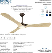 Minka Aire Bridge 60-Inch LED Ceiling Fan in Dark Bronze with White Oak blades and remote, featuring smart fan technology, WiFi enabled control, DC motor, 6,952 CFM airflow, 978 delivered lumens, and 3000K color temperature - F668L-DB/WTO