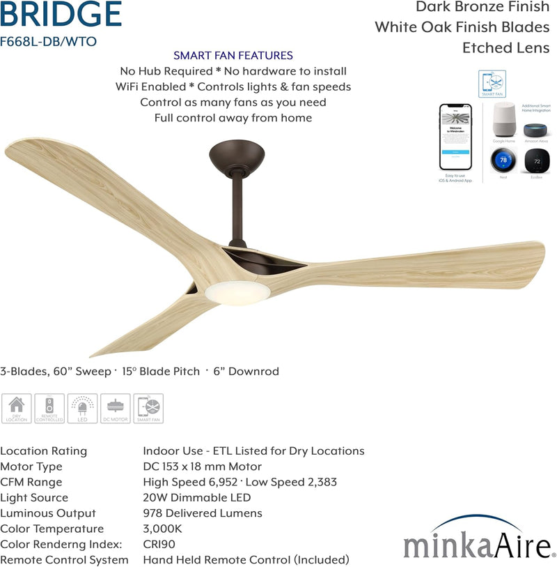 Minka Aire Bridge 60-Inch LED Ceiling Fan in Dark Bronze with White Oak blades and remote, featuring smart fan technology, WiFi enabled control, DC motor, 6,952 CFM airflow, 978 delivered lumens, and 3000K color temperature - F668L-DB/WTO