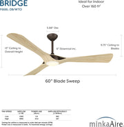 Measurement diagram of Minka Aire Bridge 60-Inch LED Ceiling Fan F668L-DB/WTO in Dark Bronze with White Oak blades, showing 60-inch blade sweep, 13-inch overall height, 9.75-inch ceiling-to-blade height, and 6-inch downrod
