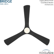 Bottom view of Minka Aire F668L-LBR/CL Bridge 60-inch LED ceiling fan in Legacy Brass with Coal Black blades, integrated etched lens LED light, and remote control
