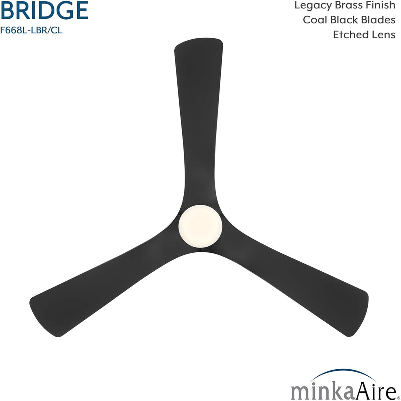 Bottom view of Minka Aire F668L-LBR/CL Bridge 60-inch LED ceiling fan in Legacy Brass with Coal Black blades, integrated etched lens LED light, and remote control