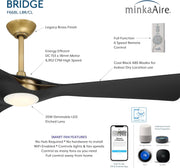 Infographic of Minka Aire F668L-LBR/CL Bridge 60-inch LED ceiling fan in Legacy Brass with Coal Black ABS blades, energy-efficient DC motor, 20W dimmable LED light, remote control, and smart fan features