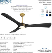 Specification image for Minka Aire F668L-LBR/CL Bridge 60-inch LED ceiling fan in Legacy Brass with Coal Black blades, showing smart fan features, DC motor, 6,952 CFM airflow, 978 delivered lumens, 3000K color temperature, and included remote control