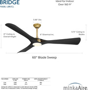 Measurement diagram of Minka Aire F668L-LBR/CL Bridge 60-inch LED ceiling fan in Legacy Brass with Coal Black blades, showing 60-inch blade sweep, 13-inch overall height, 9.75-inch ceiling-to-blade height, 5.88-inch canopy diameter, and 6-inch downrod