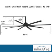 Minka Aire F896-84-CL Xtreme H2O 84-inch Coal Black ceiling fan dimensions diagram showing width, height, and installation measurements