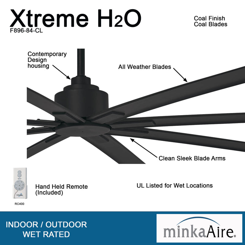 Minka Aire F896-84-CL Xtreme H2O 84-inch Coal Black ceiling fan feature graphic showing all-weather blades, outdoor-rated design, and remote control