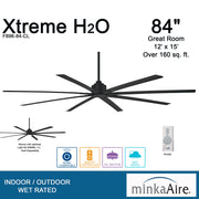Feature image: 84-inch great room, DC motor, wet rated, remote control
Minka Aire F896-84-CL Xtreme H2O 84-inch great room ceiling fan in Coal Black featuring DC motor, wet-rated design, and remote control