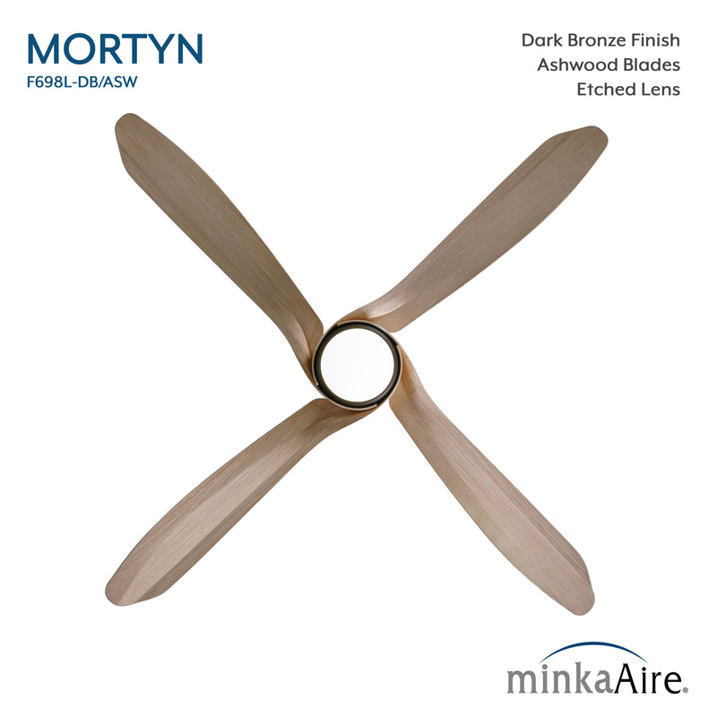 Top view of Minka Aire Mortyn F698L-DB/ASW 60-inch indoor outdoor LED ceiling fan in Dark Bronze with Ashwood blades and etched lens