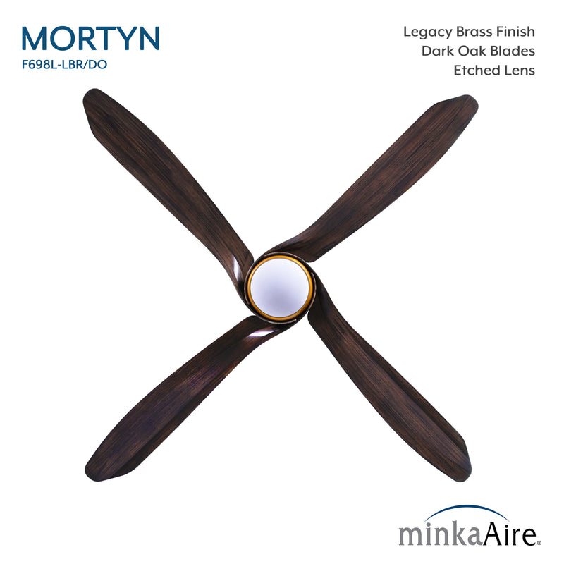 Top view of Minka Aire Mortyn F698L-LBR/DO 60-inch indoor outdoor LED ceiling fan in Legacy Brass with Dark Oak blades and etched lens
