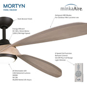 Feature image of Minka Aire Mortyn F698L-DB/ASW 60-inch indoor outdoor LED ceiling fan in Dark Bronze with Ashwood ABS blades, remote control, 20W dimmable LED light, and wet location rating