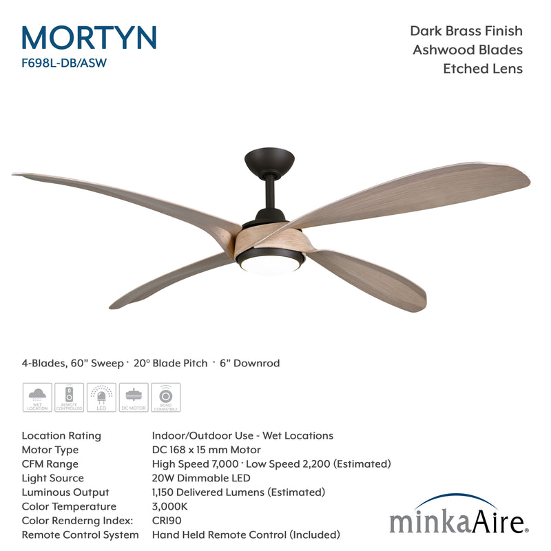 Specification image of Minka Aire Mortyn F698L-DB/ASW 60-inch indoor outdoor LED ceiling fan in Dark Bronze with Ashwood blades, remote control, wet location rating, and airflow details