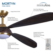 Feature image of Minka Aire Mortyn F698L-LBR/DO 60-inch indoor outdoor LED ceiling fan in Legacy Brass with Dark Oak ABS blades, remote control, 20W dimmable LED light, and wet location rating