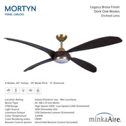 Specification image of Minka Aire Mortyn F698L-LBR/DO 60-inch indoor outdoor LED ceiling fan in Legacy Brass with Dark Oak blades, remote control, wet location rating, and airflow details