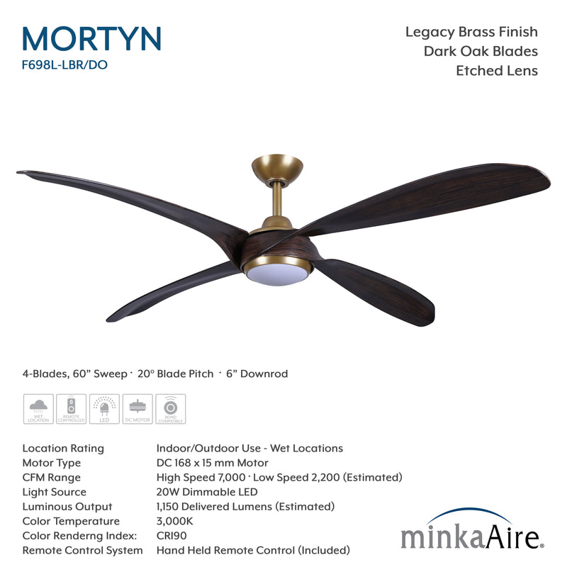 Specification image of Minka Aire Mortyn F698L-LBR/DO 60-inch indoor outdoor LED ceiling fan in Legacy Brass with Dark Oak blades, remote control, wet location rating, and airflow details