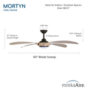 Dimension diagram for Minka Aire Mortyn F698L-DB/ASW 60-inch indoor outdoor LED ceiling fan in Dark Bronze with Ashwood blades, showing blade sweep, overall height, ceiling-to-blade height, and 6-inch downrod