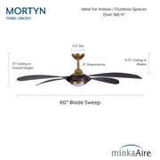 Dimension diagram for Minka Aire Mortyn F698L-LBR/DO 60-inch indoor outdoor LED ceiling fan in Legacy Brass with Dark Oak blades, showing blade sweep, overall height, ceiling-to-blade height, and 6-inch downrod