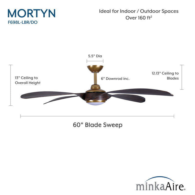 Dimension diagram for Minka Aire Mortyn F698L-LBR/DO 60-inch indoor outdoor LED ceiling fan in Legacy Brass with Dark Oak blades, showing blade sweep, overall height, ceiling-to-blade height, and 6-inch downrod