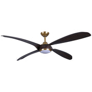 Minka Aire Mortyn LED 60-inch indoor outdoor ceiling fan in Legacy Brass with Dark Oak blades, integrated LED light, and remote control, model F698L-LBR/DO