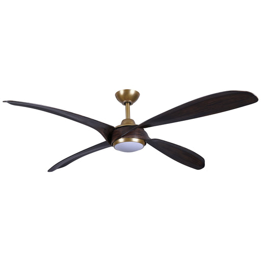 Minka Aire Mortyn LED 60-inch indoor outdoor ceiling fan in Legacy Brass with Dark Oak blades, integrated LED light, and remote control, model F698L-LBR/DO