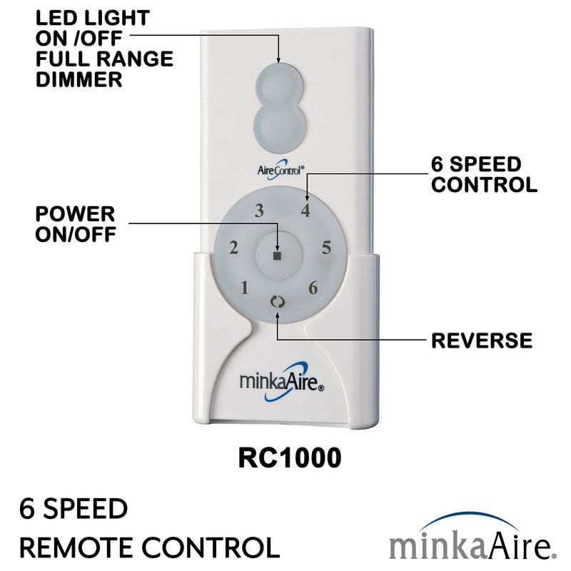 Minka Aire RC1000 6-speed ceiling fan remote control with reverse button, power button, and full-range LED light dimmer