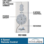 Minka Aire RC1000 handheld remote control with LED light on off, full-range dimmer, power button, reverse function, and 6-speed fan control