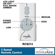 Minka Aire RCS213 handheld remote control with LED light on and off, full-range dimmer, and 3-speed fan control