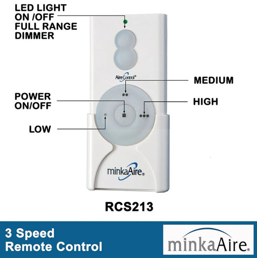 Minka Aire RCS213 handheld remote control with LED light on and off, full-range dimmer, and 3-speed fan control