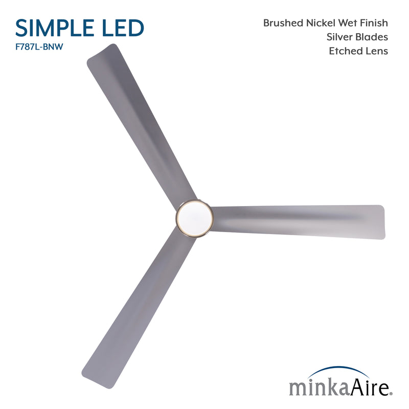 Top view product image of Minka Aire Simple LED F787L-BNW 52-inch brushed nickel wet indoor outdoor wet ceiling fan with 3 blades and etched lens