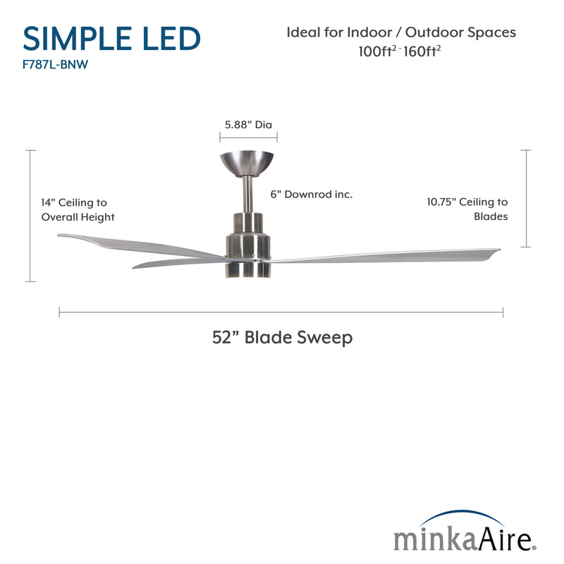 Minka Aire Simple LED F787L-BNW dimension image showing 52-inch brushed nickel wet outdoor ceiling fan with blade sweep, overall height, and 6-inch downrod