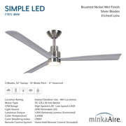 Specification image for Minka Aire Simple LED F787L-BNW 52-inch wet outdoor ceiling fan in brushed nickel wet with LED light, DC motor, remote control, and 6,231 CFM airflow