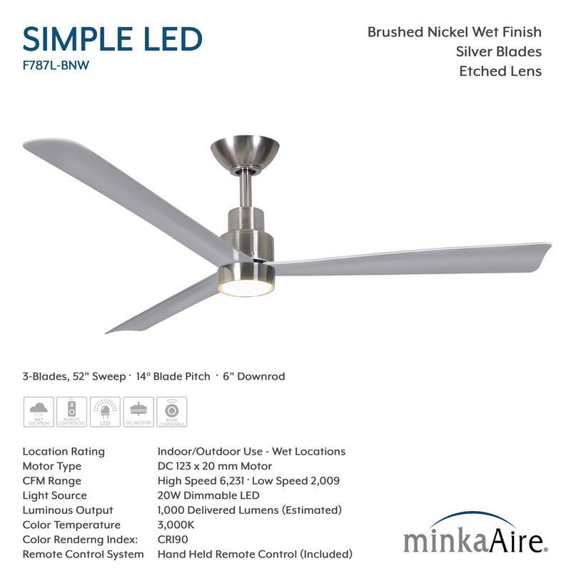 Specification image for Minka Aire Simple LED F787L-BNW 52-inch wet outdoor ceiling fan in brushed nickel wet with LED light, DC motor, remote control, and 6,231 CFM airflow