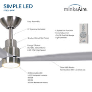 Minka Aire Simple LED F787L-BNW feature image showing brushed nickel wet 52-inch wet outdoor ceiling fan with remote, 6-speed DC motor, 20W dimmable LED light, and ABS blades