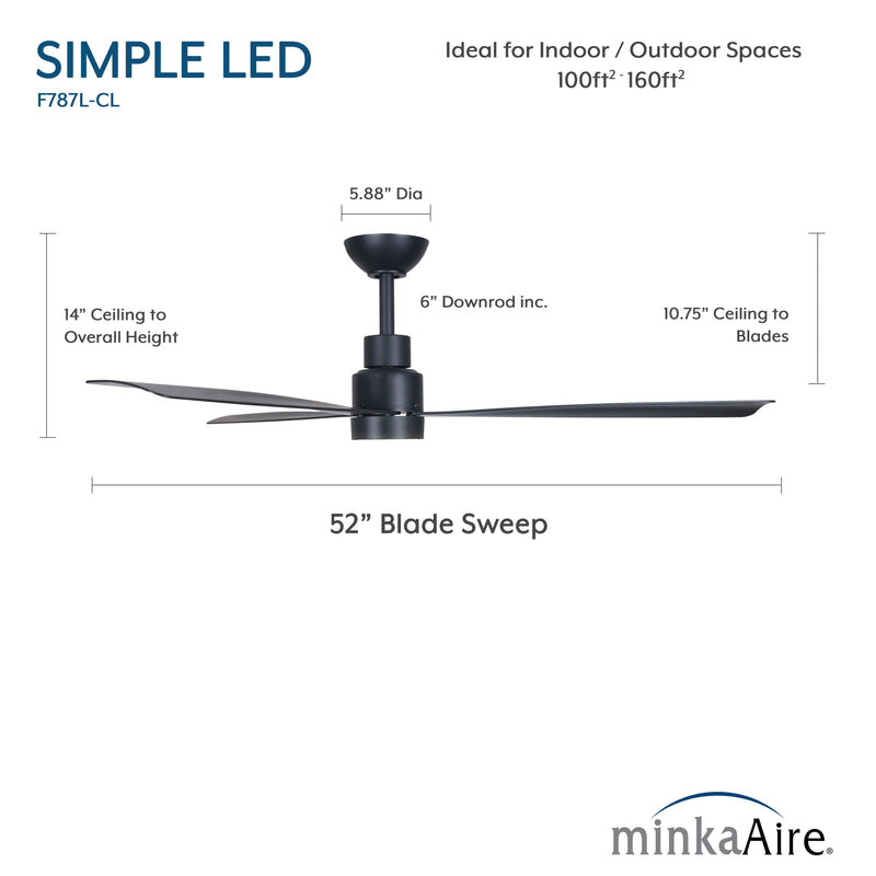 Minka Aire Simple LED F787L-CL dimension image showing 52-inch coal black wet outdoor ceiling fan with blade sweep, overall height, and 6-inch downrod