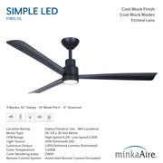 Specification image for Minka Aire Simple LED F787L-CL 52-inch wet outdoor ceiling fan in coal black with LED light, DC motor, remote control, and 6,231 CFM airflow