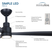 Minka Aire Simple LED F787L-CL feature image showing coal black 52-inch wet outdoor ceiling fan with remote, 6-speed DC motor, 20W dimmable LED light, and ABS blades