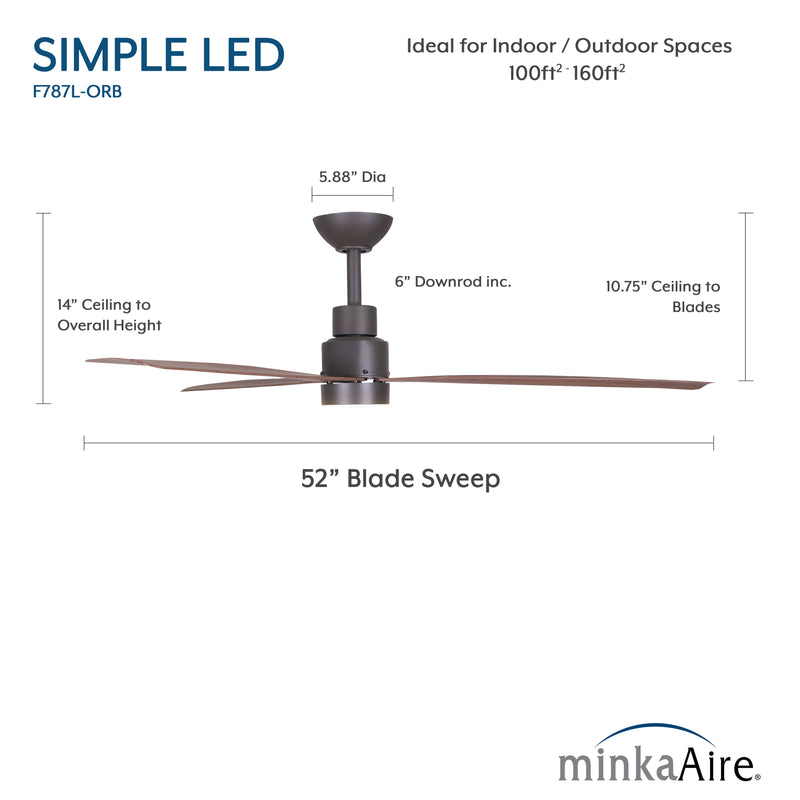 Minka Aire Simple LED F787L-ORB dimension image showing 52-inch oil rubbed bronze wet outdoor ceiling fan with blade sweep, overall height, and 6-inch downrod