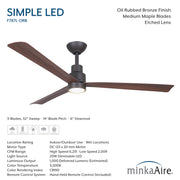 Specification image for Minka Aire Simple LED F787L-ORB 52-inch wet outdoor ceiling fan in oil rubbed bronze with LED light, DC motor, remote control, and 6,231 CFM airflow