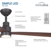 Minka Aire Simple LED F787L-ORB feature image showing oil rubbed bronze 52-inch wet outdoor ceiling fan with remote, 6-speed DC motor, 20W dimmable LED light, and ABS blades