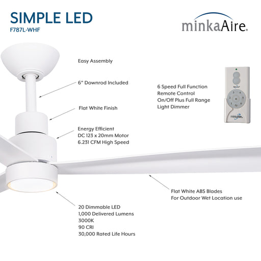 Minka Aire Simple LED F787L-WHF feature image showing flat white 52-inch wet outdoor ceiling fan with remote, 6-speed DC motor, 20W dimmable LED light, and ABS blades