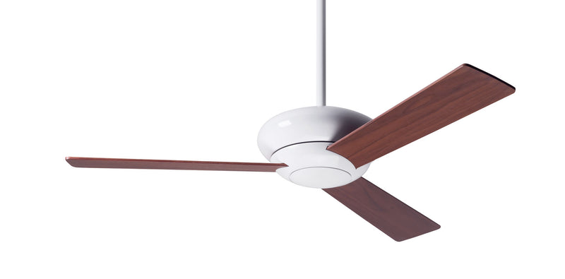 Modern Fan Company Altus 42-inch modern ceiling fan in gloss white with mahogany plywood blades, downrod mount and wall control